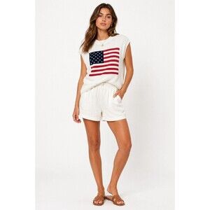 American Flag Sweater Vest Women Small White Knit Patriotic USA Cottagecore